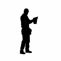 Silhouette of installer spreading adhesive on roof frame isolated on white background