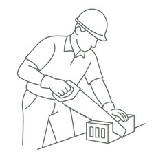 Obraz premium Worker cutting brick with saw in construction setting 