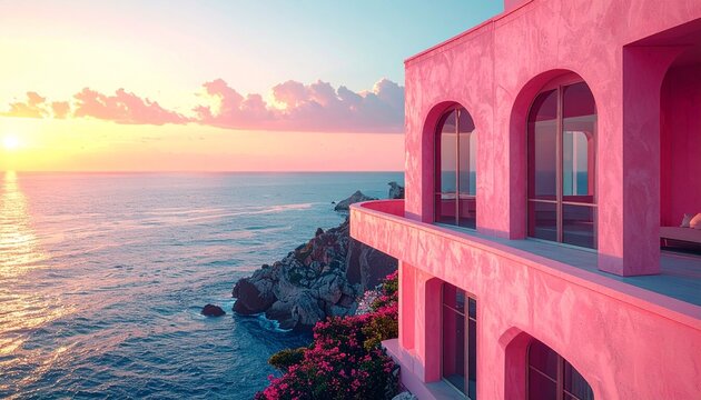 Vibrant pink hillside house, green shutters, ocean view at sunset, lush greenery, balconies, calm sea, rocky shoreline, orange-pink-purple sky, tranquil coastal landscape, picturesque evening light - Powered by Adobe