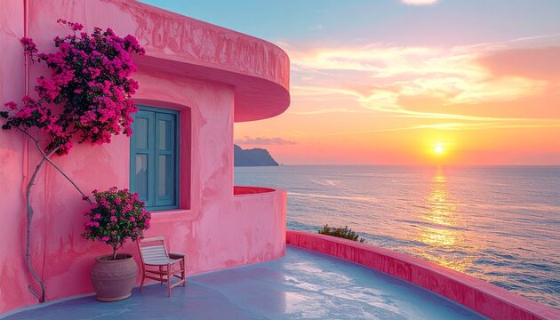 Vibrant pink hillside house, green shutters, ocean view at sunset, lush greenery, balconies, calm sea, rocky shoreline, orange-pink-purple sky, tranquil coastal landscape, picturesque evening light