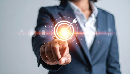 Businessperson in formal suit, night cityscape background, glowing digital interface, blue circular target with dart bullseye, strategic icons overlay, gear, chart, magnifying glass, cloud, camera, fu