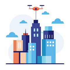 Obraz premium Orange drone flying over blue skyscrapers delivery