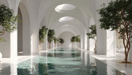 White colonnaded pool hall, sunlit