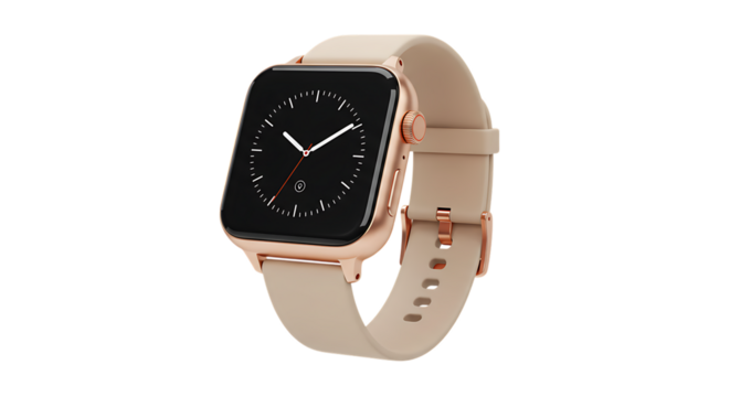 Elegant rose gold smartwatch with a light beige leather band displayed on a stark white background isolated on white background