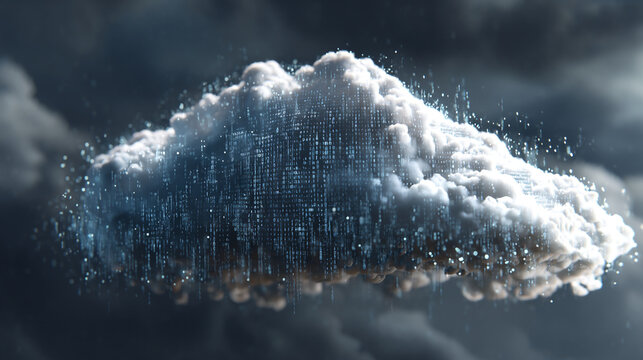 A digital cloud formation with binary code rain in a stormy sky background