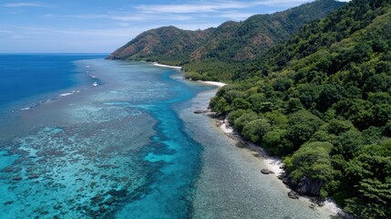 Serene tropical coastline with lush green hills and clear blue waters