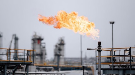 Natural gas flare burning at industrial refinery facility