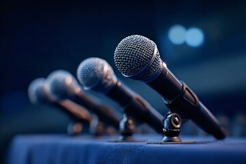 Obraz premium Close-Up Row of Microphones on Stage with Dark Blue Background and Shallow Depth of Field