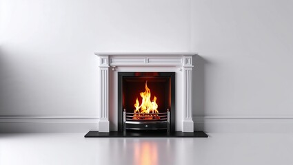 Fireplace in minimalist style, warm ambiance, glowing flames, white interior, copy space