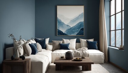 A modern living room boasts a muted teal color scheme, featuring a sectional sofa and an abstract mountain painting.
