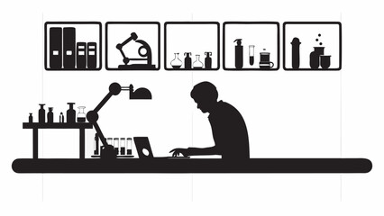 Silhouette illustration of a scientist working in a laboratory with shelves and equipment visible in the background | editable eps vectors