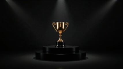Golden trophy on black pedestal under spotlight, symbolizing achievement, victory, success, and championship in competitive events
