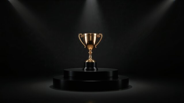 Golden trophy on black pedestal under spotlight, symbolizing achievement, victory, success, and championship in competitive events