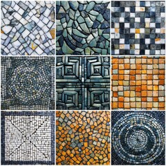 A diverse collage of nine colorful stone and tile mosaic patterns and textures.