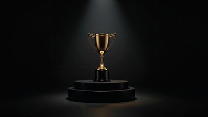 Golden trophy on black podium under spotlight, symbolizing achievement, success, victory, and champion recognition in modern minimalist setting