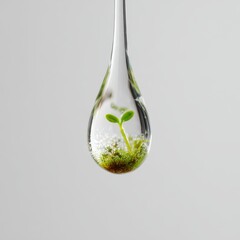 A tiny green sprout growing inside a clear, hanging water drop with moss and bubbles.