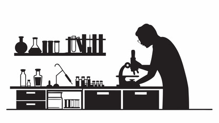 Fototapeta premium Silhouette of scientist using microscope in lab with glassware on shelves and counter in black and white style | editable eps vectors
