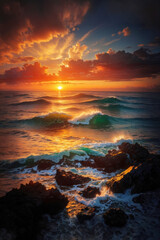 Beautiful seascape. Dramatic sunset over the sea.