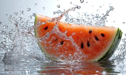 A watermelon slice immersed in water splashes