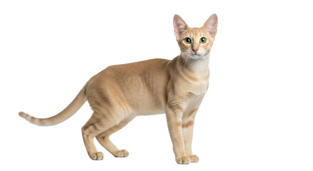 Isolated Oriental shorthair cat standing, full length portrait, looking at the camera