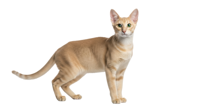Isolated Oriental shorthair cat standing, full length portrait, looking at the camera
