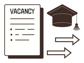 Job listing paper, graduation cap, directional arrows suggesting opportunities, employment transition, growth. Ideal for education career, recruitment process, job application, professional