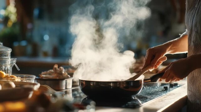Culinary Artistry: Woman Cooking Stir Fry in a Modern Kitchen, Featuring Steam and Food Preparation, Showcasing Healthy Eating, Home Lifestyle, and the Joy of Creating Delicious, Nutritious Meals in