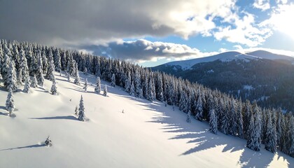 Snowy Mountain Forest Scenery in Winter with Cloudscape