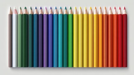 A vibrant spectrum of sharpened colored pencils arranged in a neat row.