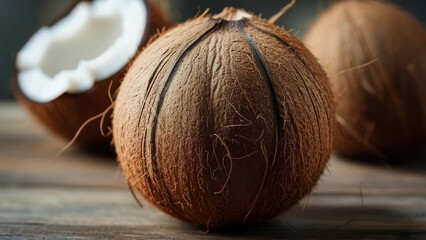 Close-up of coconuts on wood