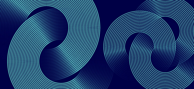 The image features intersecting concentric blue circles and curved lines, creating a modern, abstract design against a dark blue background with layered and overlapping effects