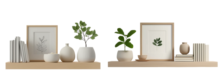 3d render of a simple shelf with a picture, books, and a ceramic vase on a white background, in a minimalistic style
