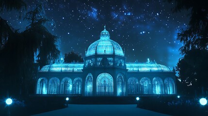 Obraz premium Majestic building illuminated with blue light and sparkling lights overhead