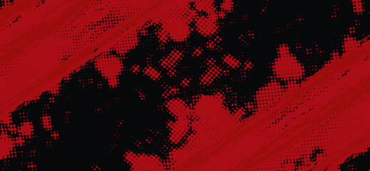 This dynamic abstract image presents bold red brush strokes and halftone patterns against a stark black backdrop, creating a visually striking and impactful design element