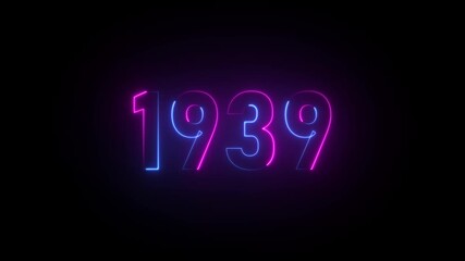 Neon sign displaying the year 1939 in blue and pink glowing letters on a black background number