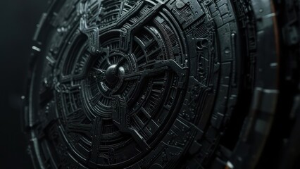 Close-up of intricate, dark metallic disc