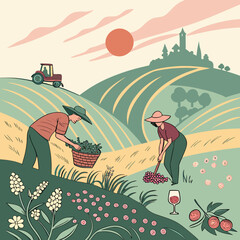 Watercolor Vineyard Harvest Illustration