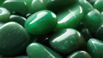 Close-up of many polished green stones