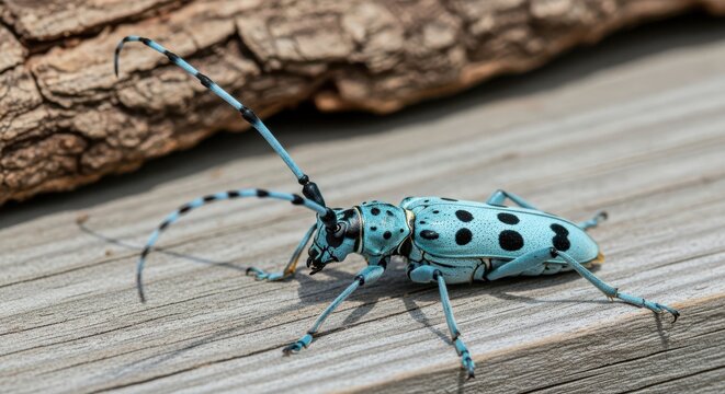 Close up of a rare blue spotted longhorn beetle on weathered wood - Powered by Adobe