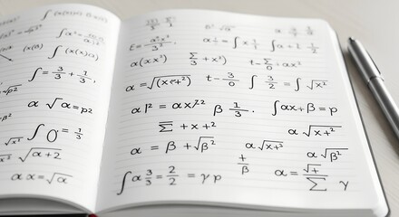 Fototapeta premium Mathematical equations written in notebook with pen on table 