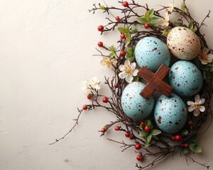 Easter eggs nestled in a nest of branches and blossoms
