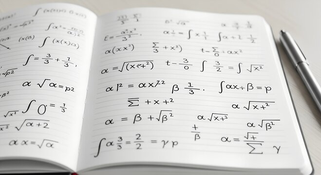 Mathematical equations written in notebook with pen on table  