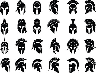 Assortment of Black Spartan Helmets Icons on White Background greek helmet ancient helmet