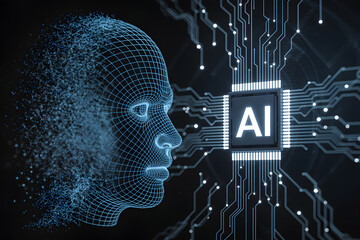 Artificial intelligence concept with a wireframe human head and AI chip connected by circuit lines