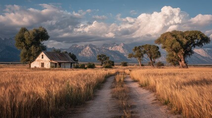 Rural farmhouse landscape golden hour