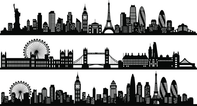 Black and white city skylines featuring iconic landmarks from New York, London, and Paris silhouette