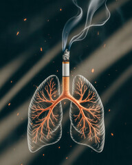 Surreal conceptual art of cigarette transforming into burning human lungs, fiery veins, dramatic smoke, cinematic lighting, ultra-realistic, thought-provoking masterpiece