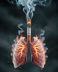 Surreal conceptual art of cigarette transforming into burning human lungs, fiery veins, dramatic smoke, cinematic lighting, ultra-realistic, thought-provoking masterpiece