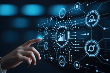 Finger touches digital interface with data analytics graphs and network connections in a blue technology theme