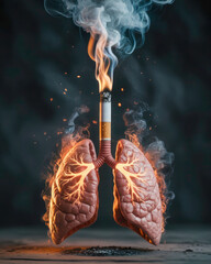 Surreal conceptual art of cigarette transforming into burning human lungs, fiery veins, dramatic smoke, cinematic lighting, ultra-realistic, thought-provoking masterpiece